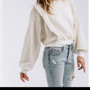 FREE PEOPLE CREAM FRINGE AND CROCHET SWEATSHIRT